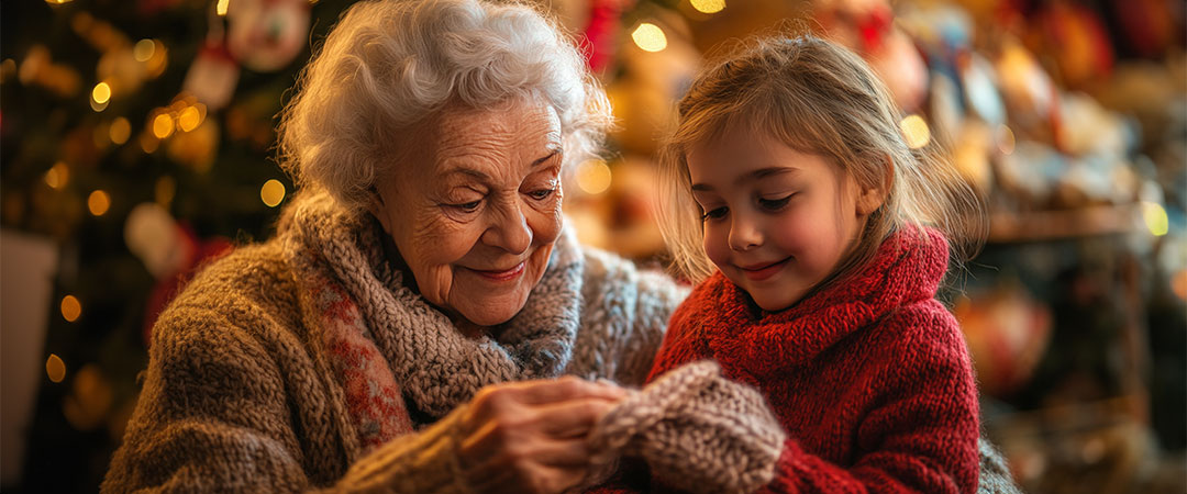 An elderly woman with a young girl smiling at a gift in front of a christmas tree.